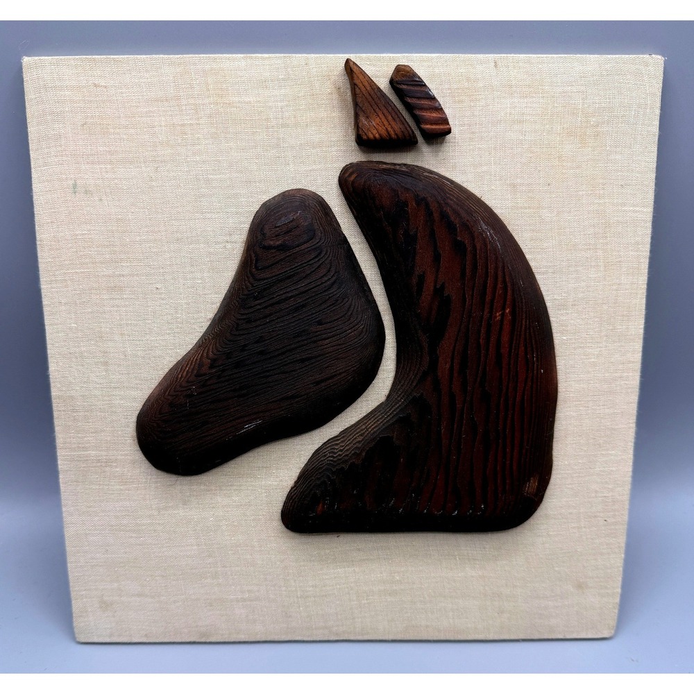 Vintage Mid Century Modern Abstract Wood Horse Head Wall Art Linen Board 9.5in